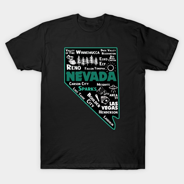 Sparks Nevada Map Las Vegas Winnemucca Reno Elko Ely Carson City Boulder City Henderson Laughkin T-Shirt by BoogieCreates